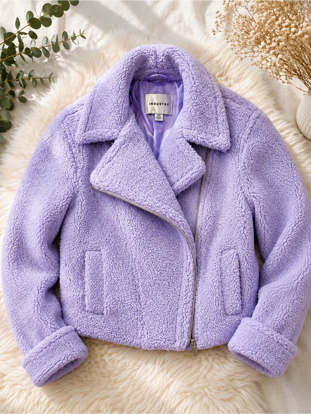 Lavender Sherpa Teddy Moto Jacket – Size S